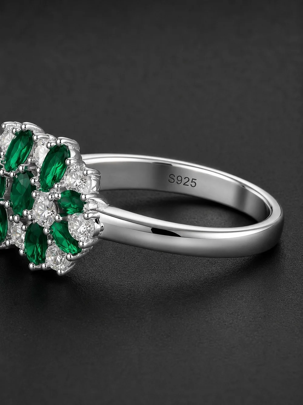 Emerald Cluster Silver Ring - Green Crystal Floral Band